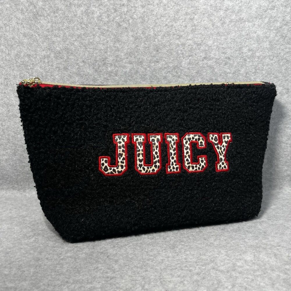 Juicy Couture Black Leopard Fuzzy Makeup Beauty Toiletry‎ Travel Bag